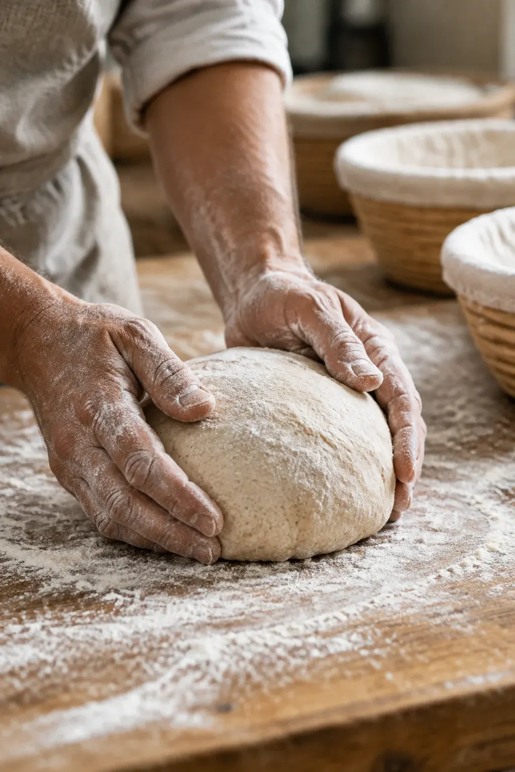 Mains farinées qui façonnent une boule de pâte au levain sur un plan de travail en bois
